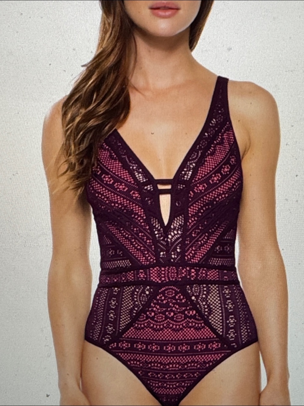 Becca color play lace one piece merlot swimsuit sz L worn 1X sexy St Barth Nikki